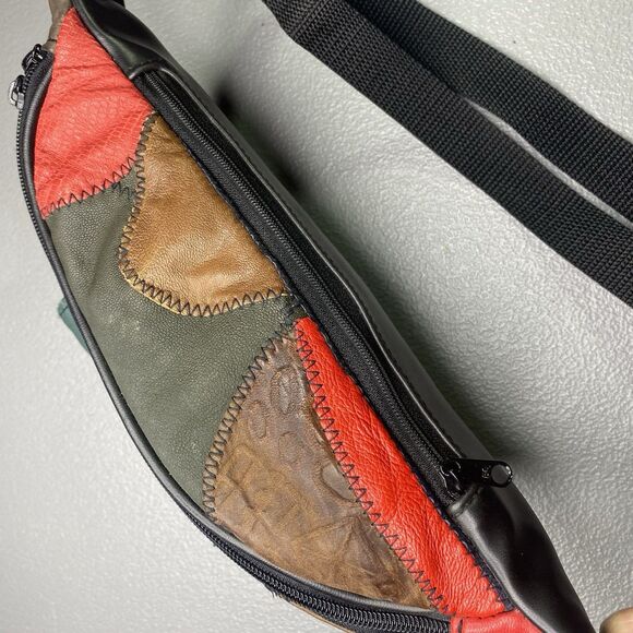 KMQ Vtg 80s Leather Fanny Pack 4 Pockets Patchwork Colorblock Colorful Bright - Picture 14 of 14
